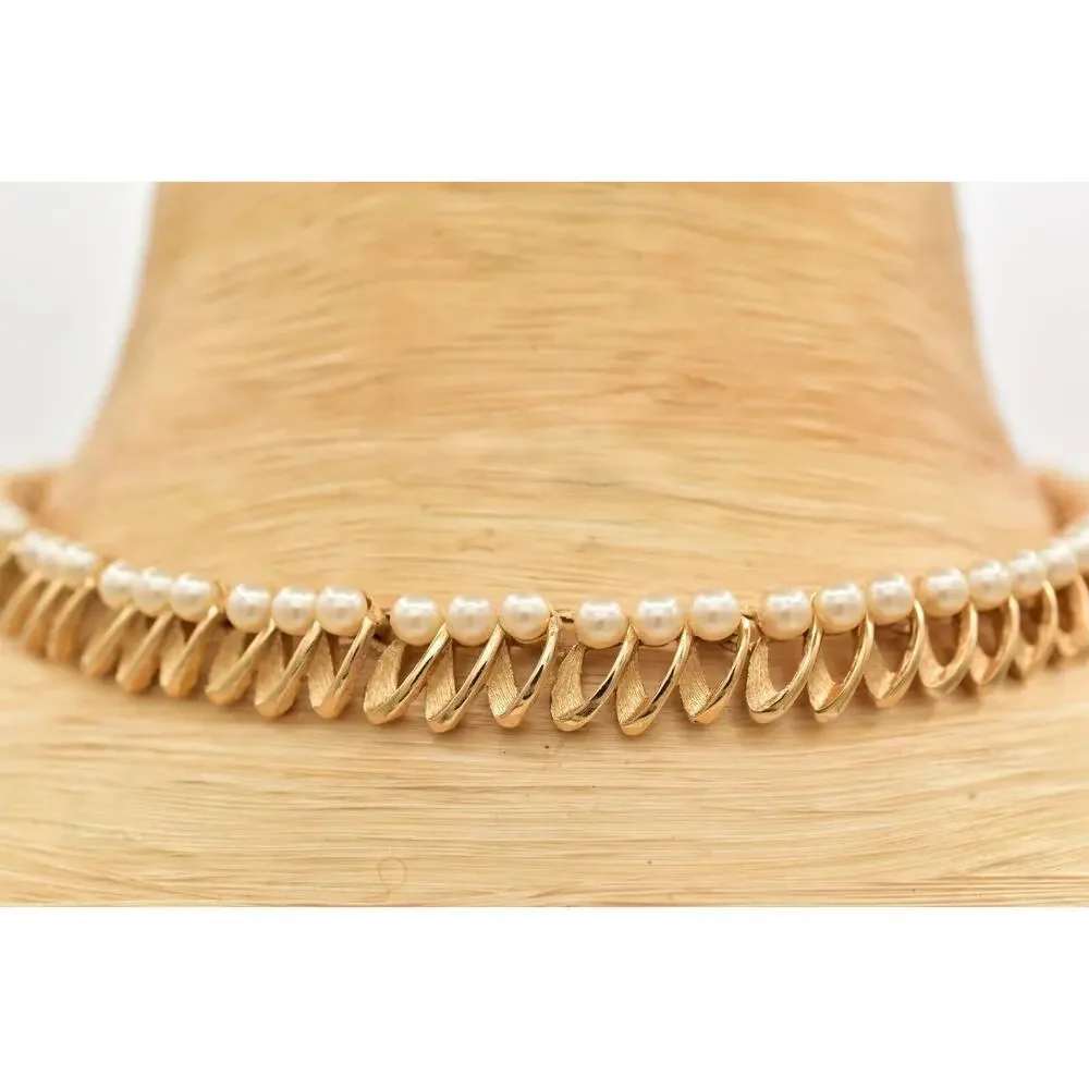 Crown Trifari Vintage Choker Necklace Pearl Brushed Gold Signed 50s 1940s BinBL